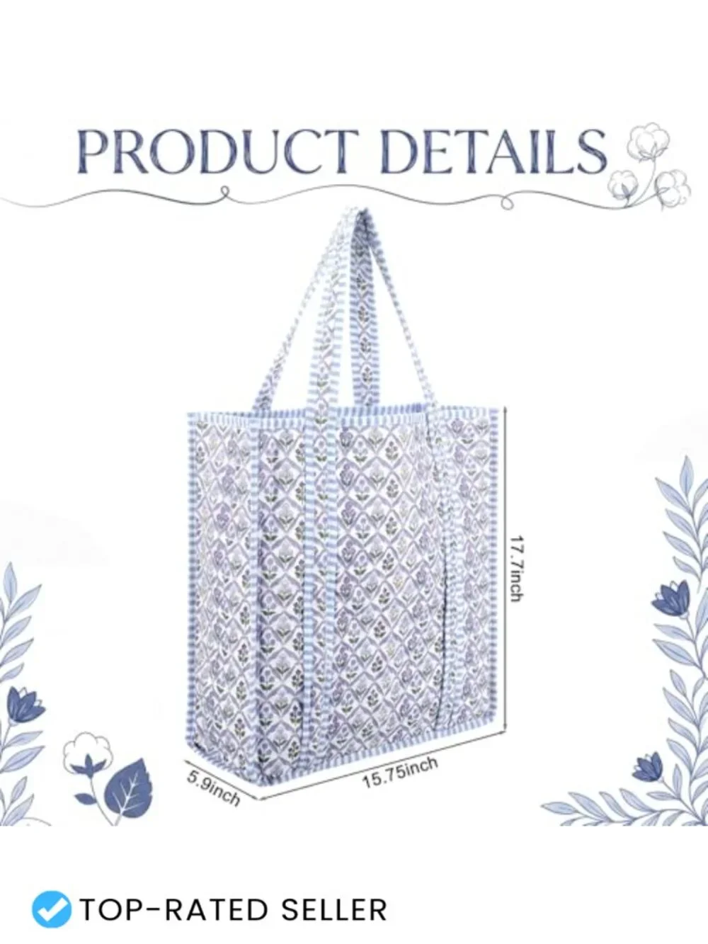Quilted Tote Bag Block Print Floral Lightweight Handmade Shoulder Bag Market